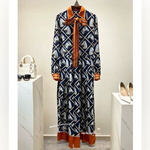Blue Equestrian-patterned 100% Silk Dress